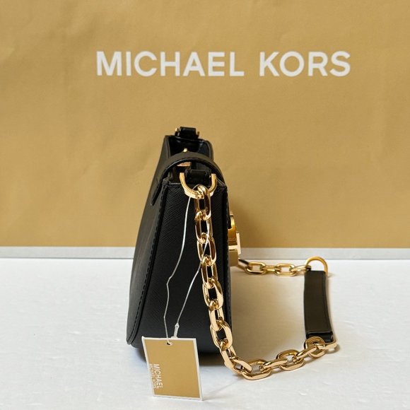 Michael Kors Carmen Small Pouchette Shoulder Chain Bag Black/Gold Toned Hardware - Picture 6 of 14